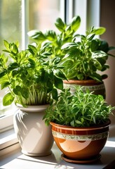 Fototapeta premium vibrant fresh herbs displayed decorative pots bright sunny windowsill enhancing home decor natural beauty, sunlight, decoration, green, basil, parsley, chives
