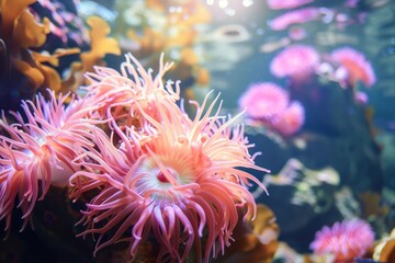 Fototapeta premium Anemone under the sea, coral anemone underwater in ocean sea.