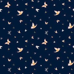 Pink and blue butterflies, lilac moths and splashes of watercolor paint. Seamless pattern. Watercolor illustration isolated on blue background Delicate wings, fluttering butterflies.