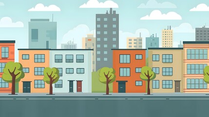 Cartoon Cityscape with Buildings and Trees Illustration
