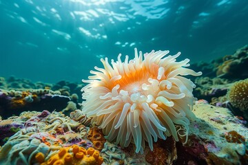 Anemone under the sea, coral anemone underwater in ocean sea.
