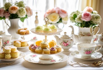 elegant dainty tea party setup featuring assorted pastries delicate table fine china floral decorations, afternoon, sweets, treats, desserts, cookies, cupcakes