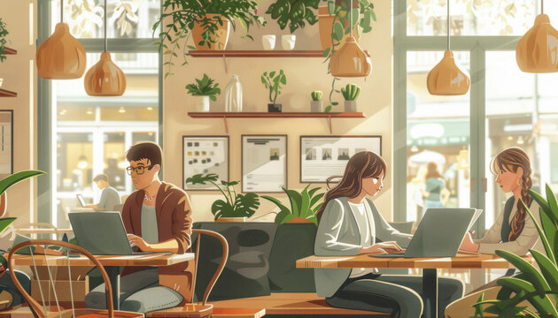 In a restaurant, a collection of individuals sit at tables, all working on laptops