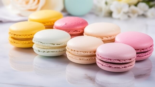 Vibrant macarons on reflective surface, creating a delightful and charming dessert ambiance