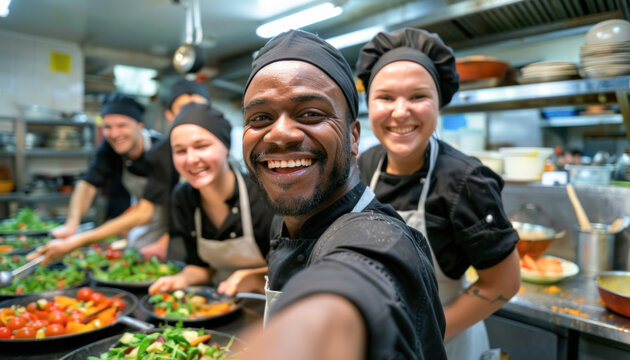 A group of chefs is happily taking a selfie together in a wellequipped kitchen