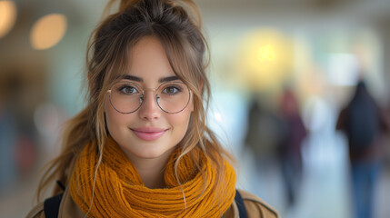 Portrait of a college student with glasses and mustard scarf smiling indoors