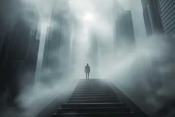 Man walking into foggy cityscape. A lone figure ascending through mist towards skyscrapers conveys concepts of ambition, mystery, and the unknown. Ideal for business and inspirational themes.