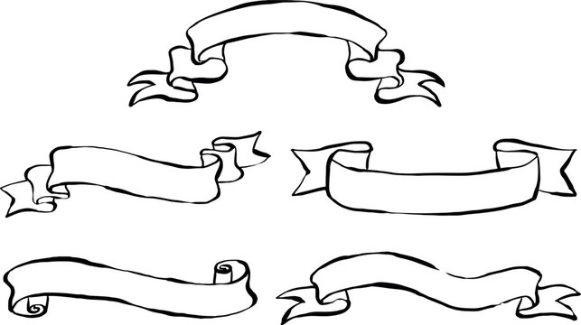 Conjunto de banners de cintas dibujadas a mano. Clipart de cintas para nombres. Ilustraci&oacute;n de banners para invitaciones, dise&ntilde;os, papeler&iacute;a