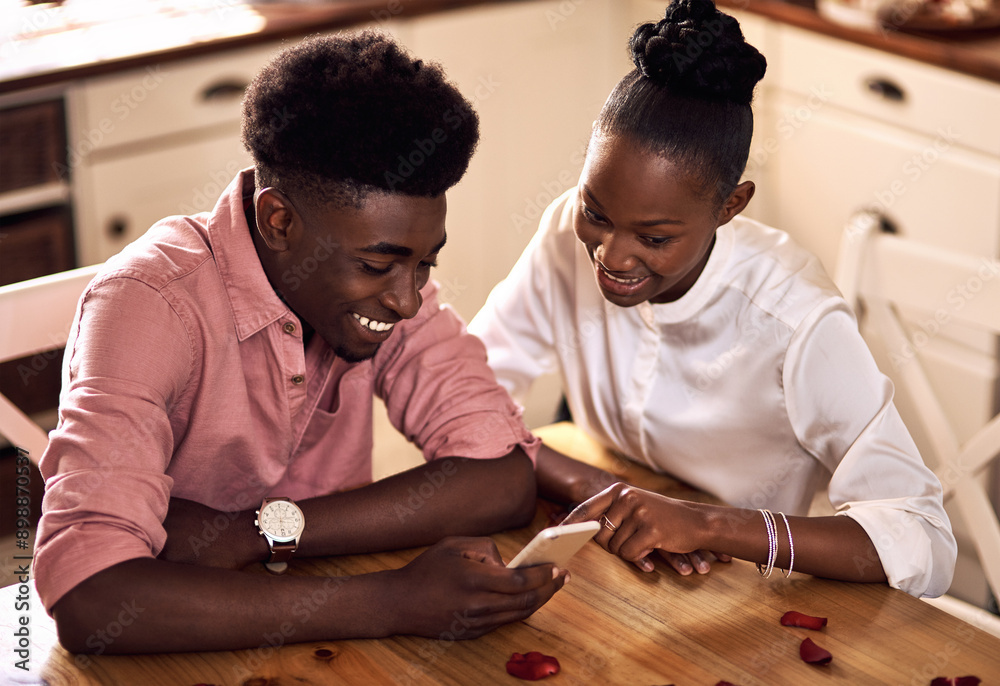 Sticker Black couple, mobile and reading together in home for social media update, marriage blog and bonding. African man, woman and phone for valentines day post, love and healthy relationship with loyalty