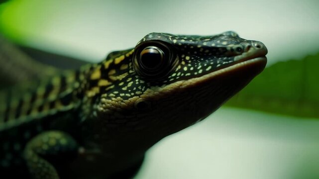The camera tilts from the side towards the Leaf-tailed gecko's face and focuses on it. The background blurs, emphasizing the Leaf-tailed gecko's serious expression.