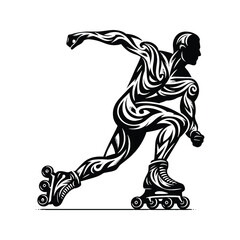 Fototapeta premium Inline Skating, roller skate male player in ethnic tribal pattern illustration, emblem shield badge