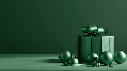Green Holiday Giftbox with Ornaments and Pinecones