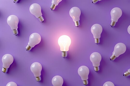 A pattern of light bulbs on purple background, one bulb glowing with an idea concept. The central bulb is illuminated and the rest are unlit.