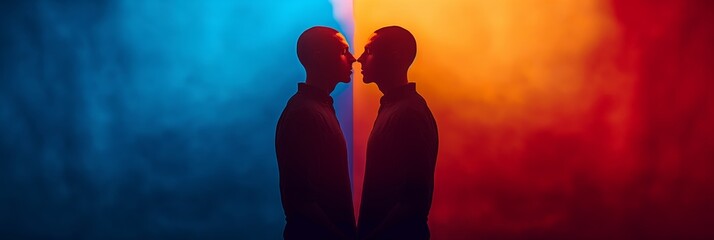 Silhouette of two men against colorful background, embracing diversity and inclusivity, perfect for LGBT and social themes.