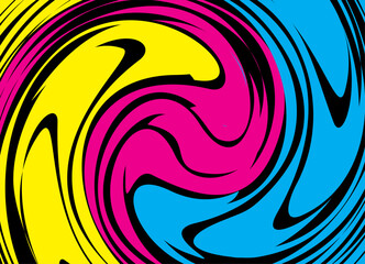 Modern vector background. A pattern of swirling black lines on a colored background. For packaging, covers, textiles, advertising, web design. Spiral. yellow, cyan, magenta