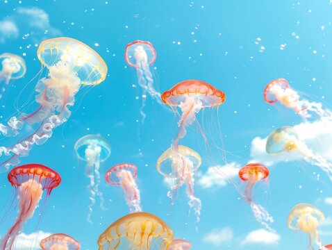 A shoal of jellyfish in pastel blue, red and yellow colors with doots flying against clear blue sky with few clouds