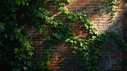 Sunlit Ivy on Red Brick Wall in Tranquil Setting