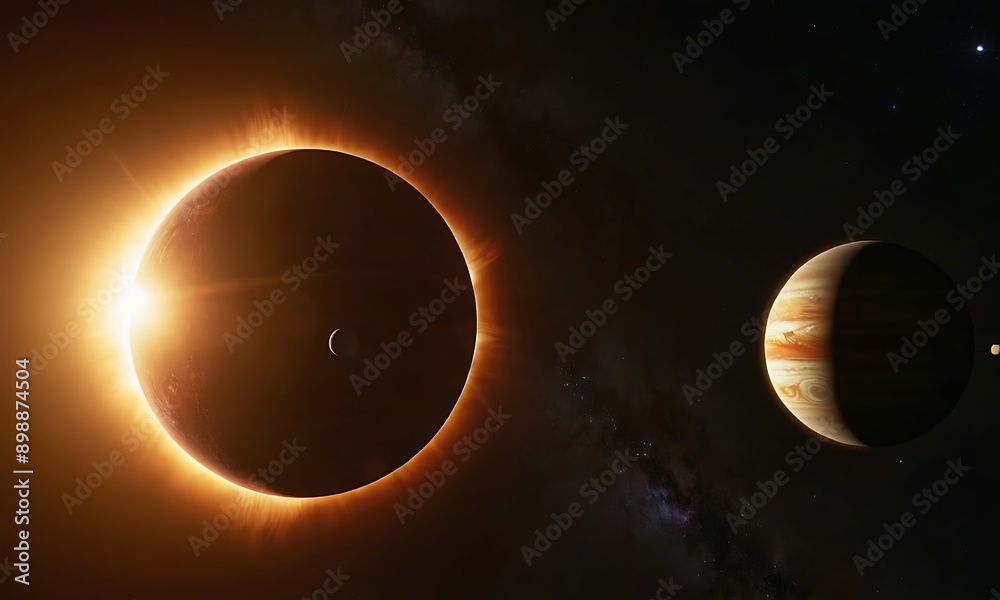 Sticker two suns orbiting each other with planets revolving around them, casting dual shadows and unique lig