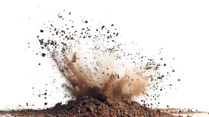 Dry soil explosion isolated on white background dynamic earth particles burst arid ground effect dramatic environmental imagery natural disaster concept dust and debris high-impact visual