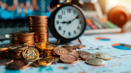 debt collection and tax season concept with deadline remind note, coins, banks, calculator on table, background, time to pay concept.