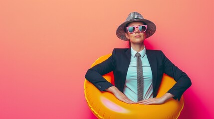 Woman in a suit and hat, holding an orange float, representing a blend of professional and playful attitudes, highlighting work life balance and vacation relaxation