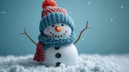 A cheerful snowman with a red hat and scarf in a snowy environment, symbolizing holiday cheer and winter fun, with button eyes and carrot nose