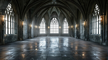 Obraz premium Empty dark room in Gothic style with large windows eerie and atmospheric interior grand architectural details mysterious ambiance dramatic lighting and shadows medieval design elements spacious and ha