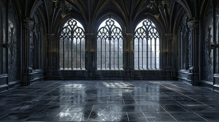 Empty dark room in Gothic style with large windows eerie and atmospheric interior grand architectural details mysterious ambiance dramatic lighting and shadows medieval design elements spacious and ha