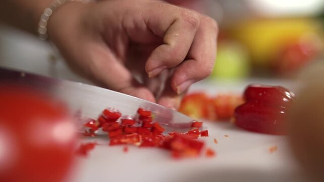 manos de mujer corta fruto de planta de piment&oacute;n picante para ali&ntilde;o en c&aacute;mara lenta