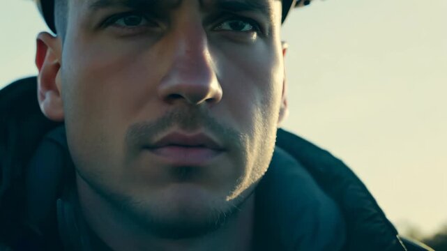 Focused fireman wearing a blue helmet, captured from a side angle with a blurred background and natural light, emphasizing a serious expression as the camera tilts and zooms in on his face