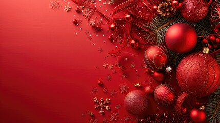 Christmas and New Year Celebration on festive red background with holiday decorations Festive holiday display for advertising