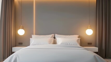 A minimalist bedroom with dimmed overhead lighting lending a warm and intimate feel to the soft gray walls and crisp white bedding.