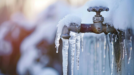 Frozen water pipe in winter close-up water tap covered with ice icy texture and details winter weather conditions cold and frosty environment plumbing issue frozen infrastructure seasonal impact