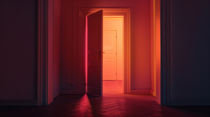 Fototapeta premium An ajar door in a violet room reveals a sliver of light from outside. Space for text. Claustrophobia. Solitude.