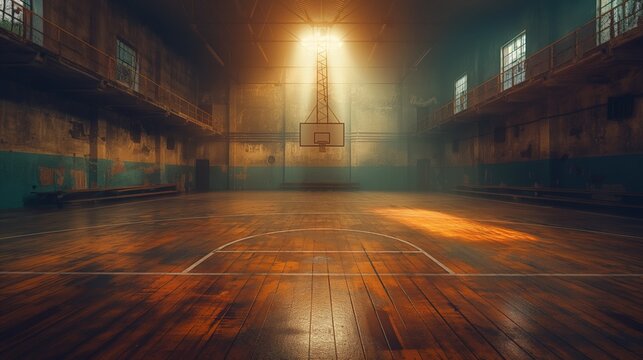 An old empty rustic basketball court with wooden floors and sunlight streaming through high windows in the sports gymnasium creating a nostalgic and serene ambiance