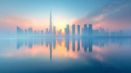 Fototapeta premium A futuristic cityscape at sunrise with high-rise buildings reflecting on the water creating a mesmerizing urban panorama