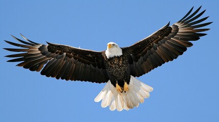 A majestic bald eagle in flight, its white head and tail feathers contrasting with its dark brown body against a clear blue sky background.