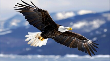 Fototapeta premium A majestic bald eagle in flight, its white head and tail feathers contrasting with its dark brown body against a clear blue sky background.