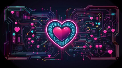 Neon heart on circuit board, suitable for technology, love, Valentines Day, electronic themes. Glowing outline adds futuristic touch. 