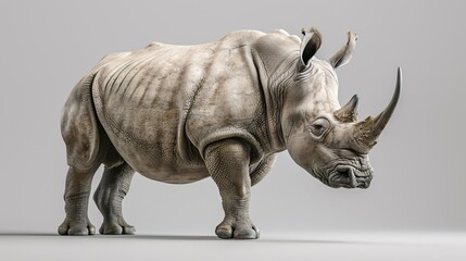 Fototapeta premium A powerful rhinoceros with its distinctive horn, its thick gray skin creating a textured appearance against a light gray background.