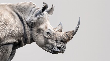 A powerful rhinoceros with its distinctive horn, its thick gray skin creating a textured appearance against a light gray background.