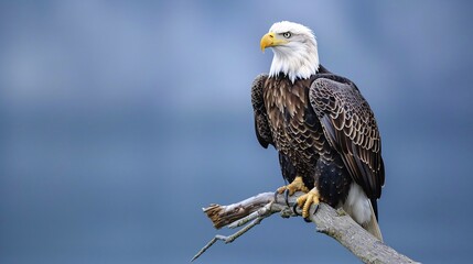 A majestic bald eagle perched on a branch, its piercing gaze fixed ahead against a serene blue background, highlighting its powerful beak and white head feathers.