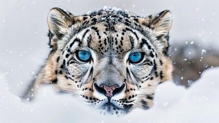Fototapeta premium A stealthy snow leopard camouflaged against a snowy white background, its piercing blue eyes gazing directly at the camera, showcasing its beauty and elusiveness.