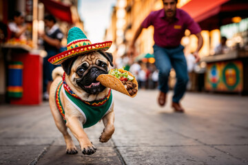 Cute pug wearing a sombrero or hat and colourful outfit running away on the street with Mexican taco, with owner of restaurant chasing him behind. Funny advertisement for Mexican food with copy space
