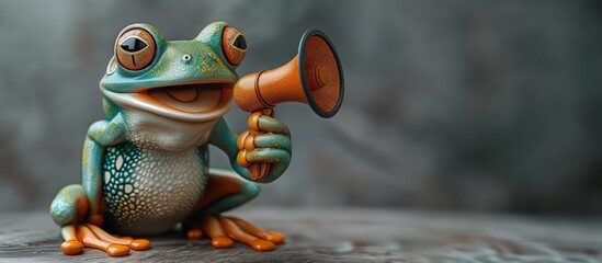 A playful frog holding a megaphone making a marketing announcement