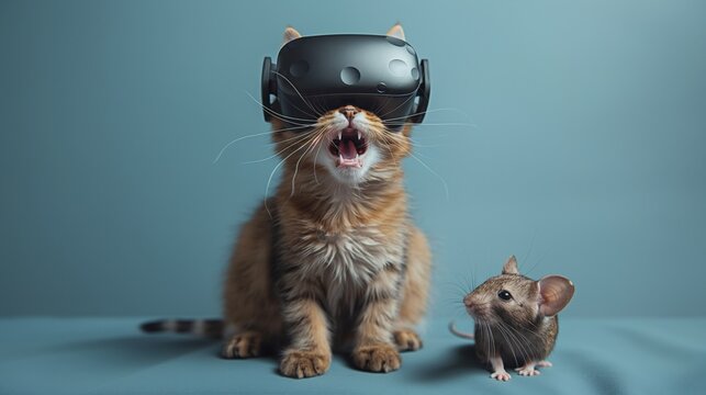 A cute tabby kitten wearing VR goggles sits next to a curious mouse highlighting the juxtaposition of nature and futuristic virtual reality technology