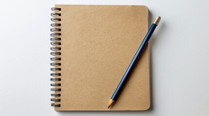 Blank brown notebook and pencil from above on white background with copy space concept