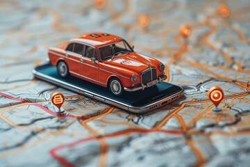 A detailed vintage car model sits atop a smartphone, surrounded by a stylized map. This composition symbolizes the blend of nostalgia and modern technology.