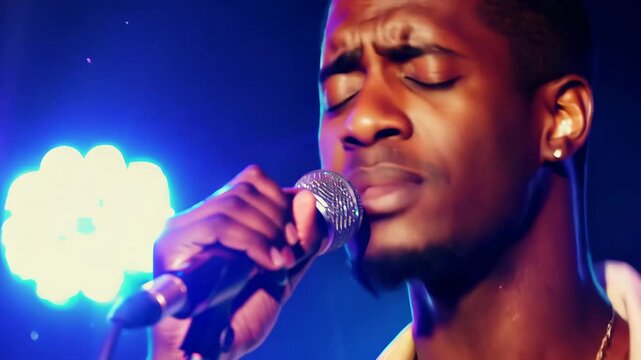 Closeup of Black male rapper gesturing while singing in microphone on stage with flashing lights