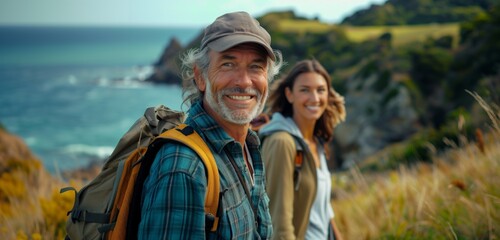 An older retired couple hiking on a coastal trail, embracing nature and active living, enjoying the scenic views and each other's company during retirement
